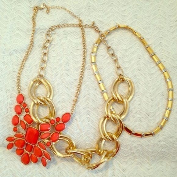 Jewelry - 3 statement necklaces gold tone lot
